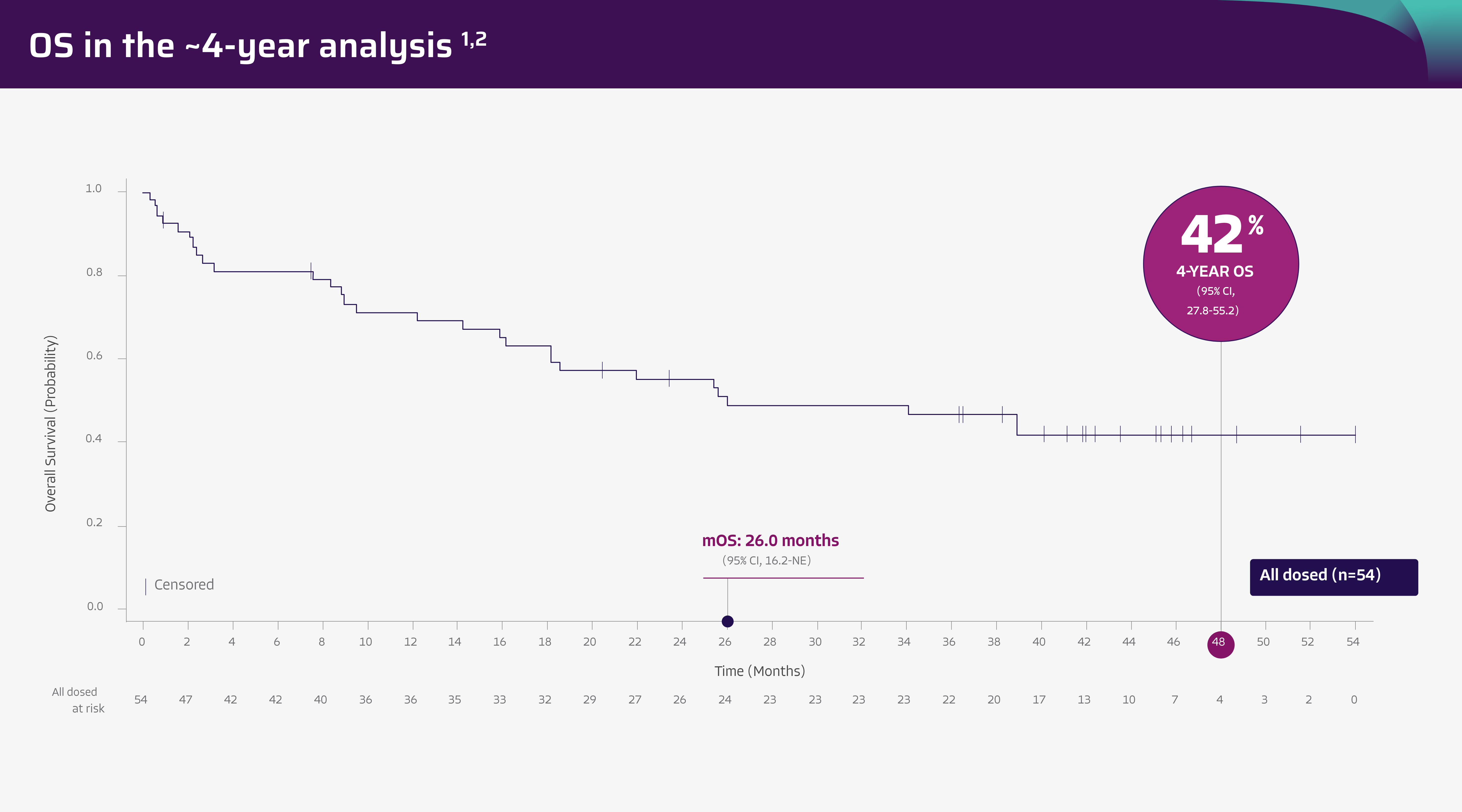 Chart showing that 46% of the participants were alive at 3 years.