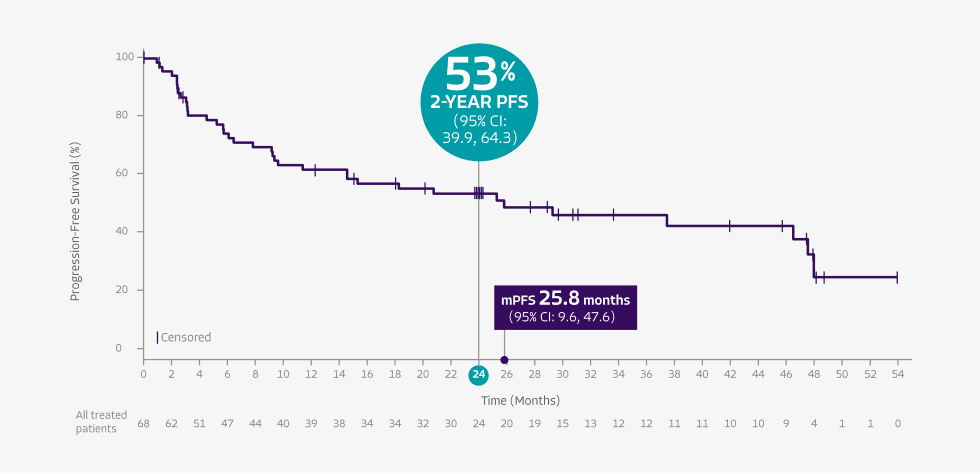 Graph showing PFS at 53% for 2-year PFS and median PFS at 25.8 months